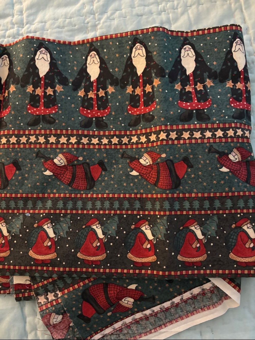 Festive Santa Holiday Fabric Panel in Teal and Red - 1 3/4 yard